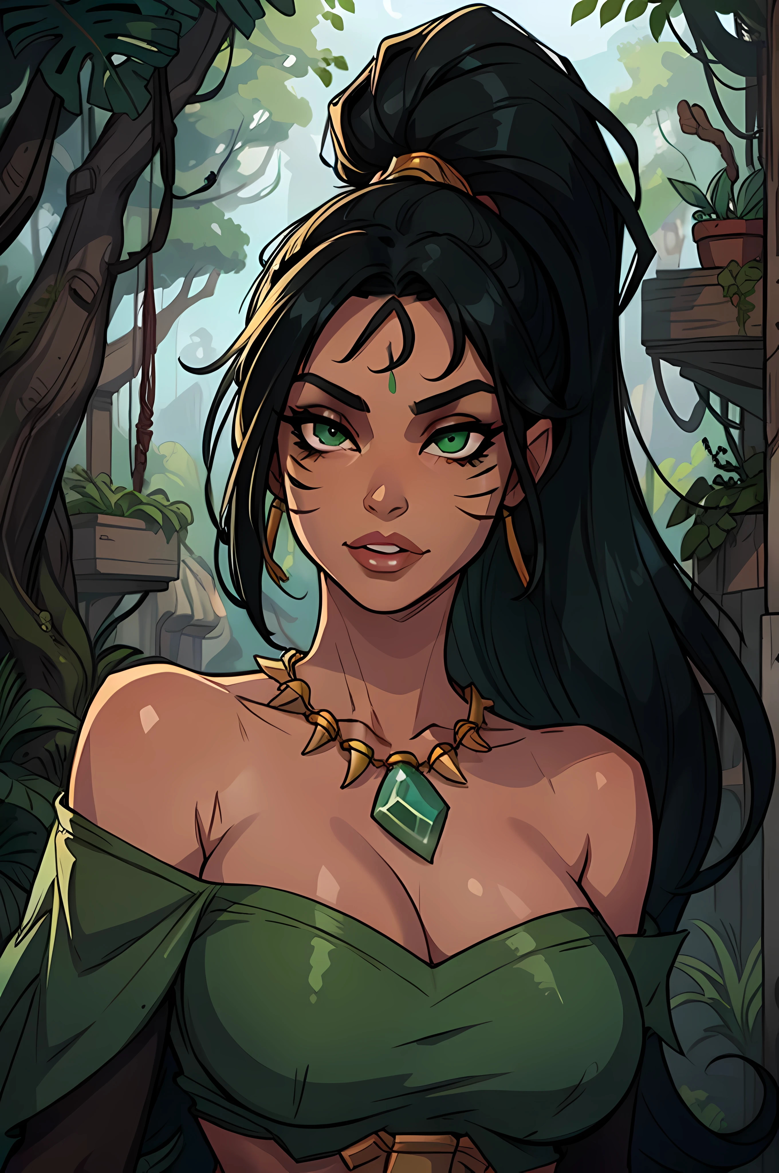 selva, Nidalee, League of Legends, absurdos, high resolution, 1 chica, hombros descubiertos, pelo negro, marca facial, gema verde en la frente, ojos verdes, joyas, pelo largo, collar, cola de caballo, Solo, tooth collar, very pelo largo, banda para el cabello, obra maestra, Mejor calidad, retrato, Hermoso rostro, piel oscura, primer plano de la cara