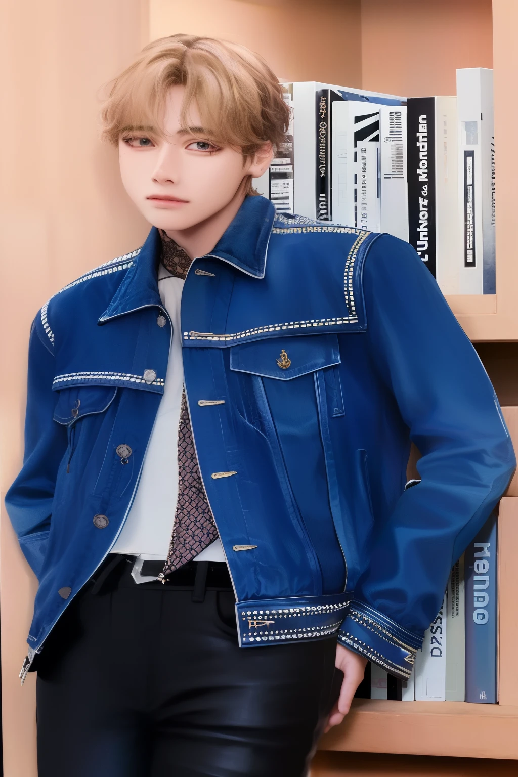 arafed girl in a mezclilla jacket leaning against a bookcase, cai xukun, Jung Jaehyun, jia, hyung tae, jungkook, Chaqueta azul, Jimin, kim doyoung, park Jimin, Jinyoung Shin, harmony Chaqueta azul, mezclilla, usando chaquetas de jeans, wearing Chaqueta azul, diez lee, hyung tae kim, brillante por la lluvia, jossi de blackpink
