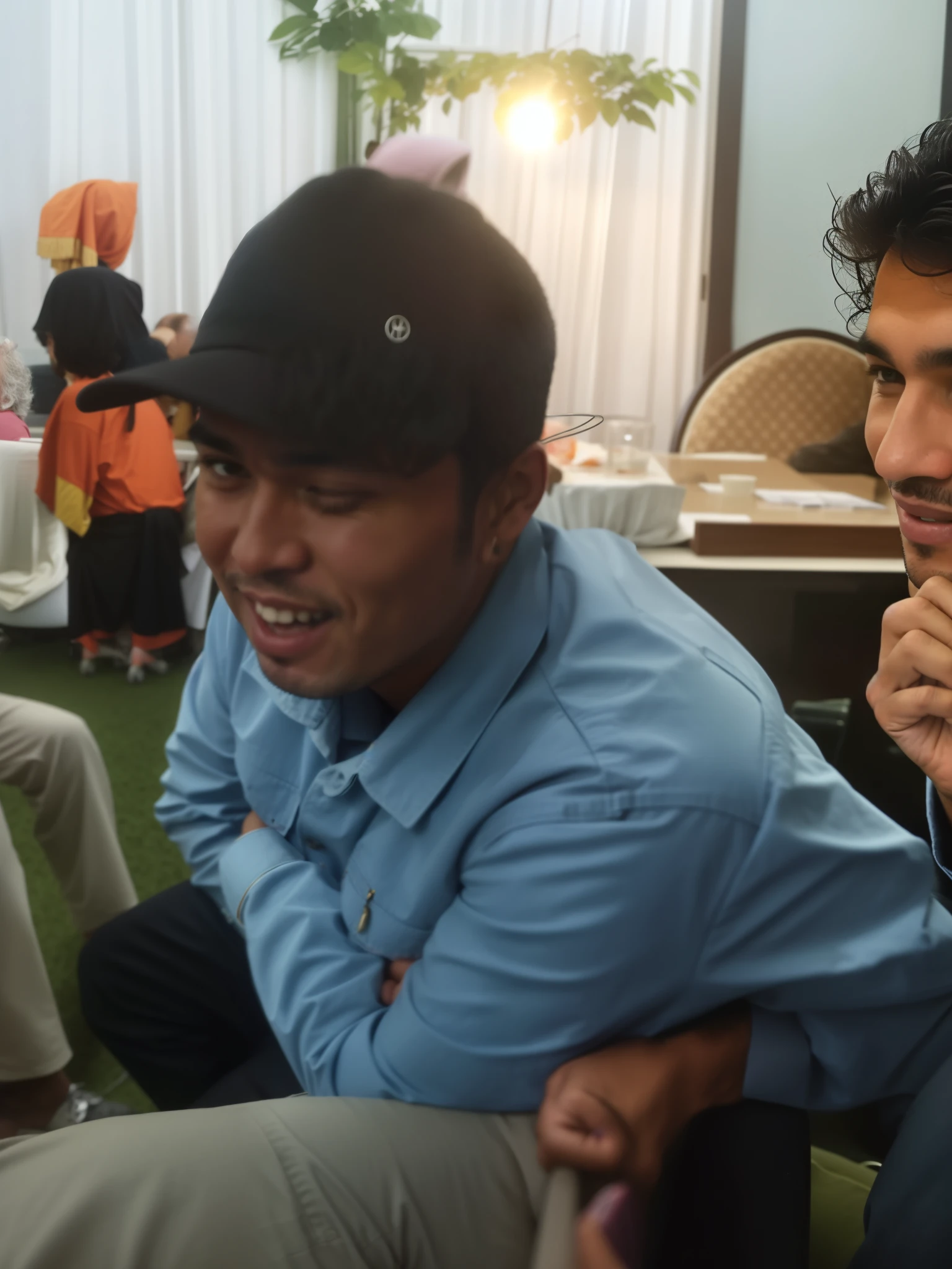 there is a man sitting on a chair talking on a cell phone, andy worhol, mohamed chahin, by Abidin Dino, very very low quality picture, with funny feeling, he is smiling, with accurate face, ramil sunga, ismail, mutahar laughing, profile pic, candid picture, potrait, panting, blurry image, profile picture