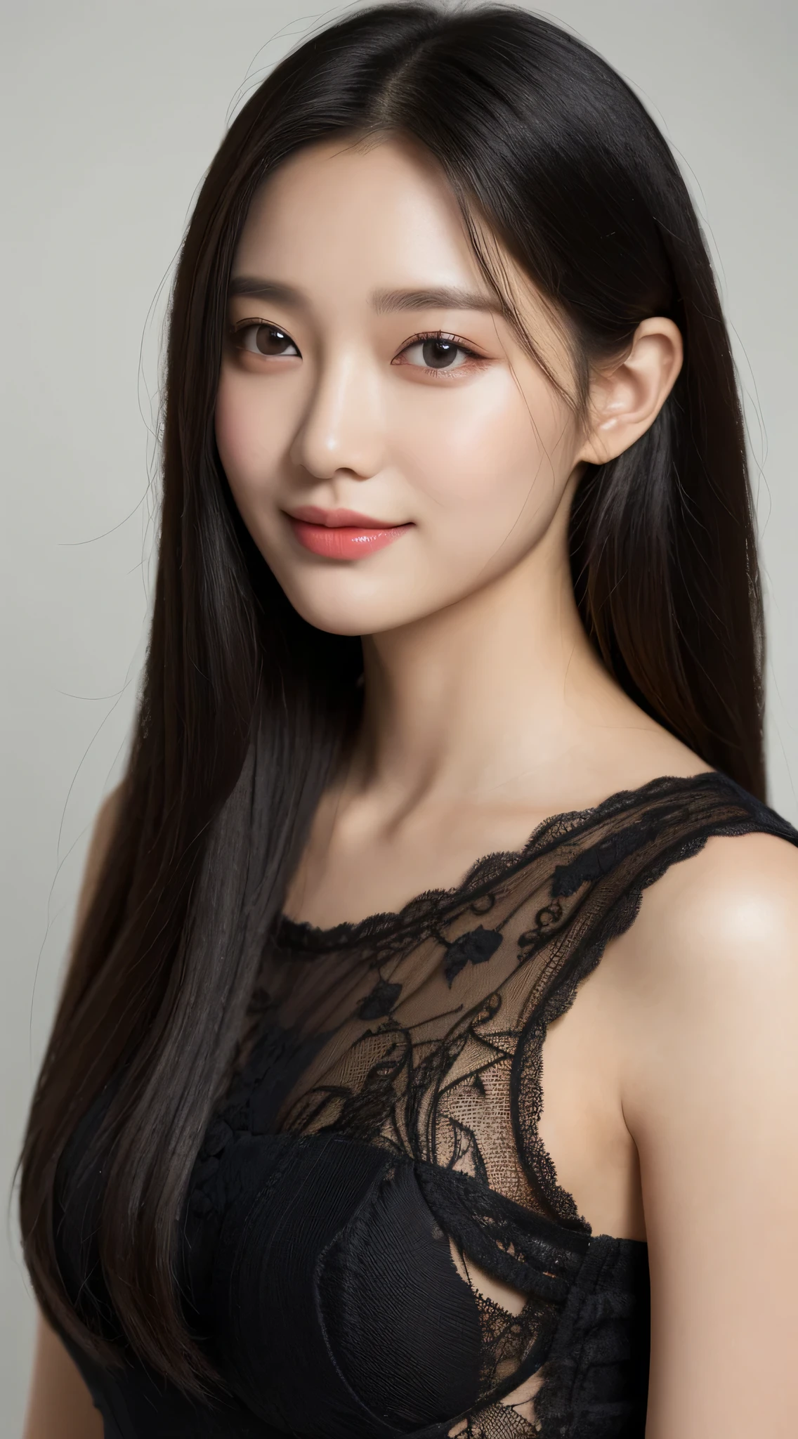 (highest quality, 8K, masterpiece:1.3)) , (one person: 1.4), 1 girl, korean woman, goddess, 25 years old, portrait photography, high contrast, God perspective, aperture F1.2, Focal length 24mm, ( whole body: 1.2), smile, pose for a photo, Fine Lace, slip dress, Simple Cut dress, Branded Dresses, Simple Cut, long black hair, tied hair, Highly detailed skin details, detailed fabric texture