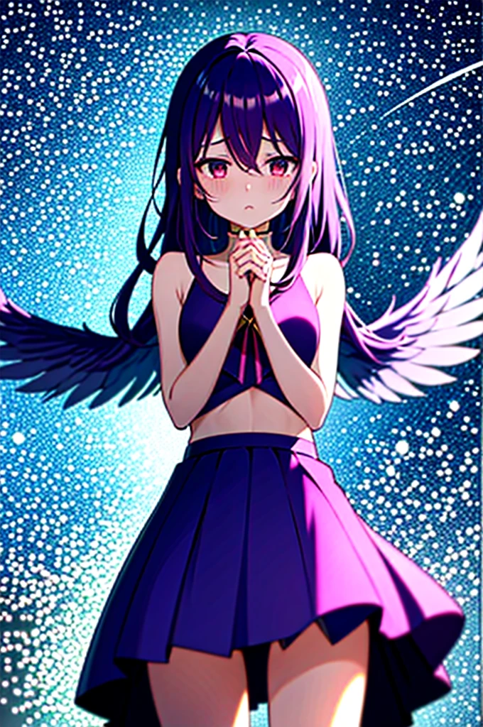 An anime-style magical girl who wants to fly away with her own wings, spreads her wings, bends her arms upwards, clenches her fists tightly, blushes red in embarrassment, and stands firm, but doesn't fly away. She wears a skirt. whole body
