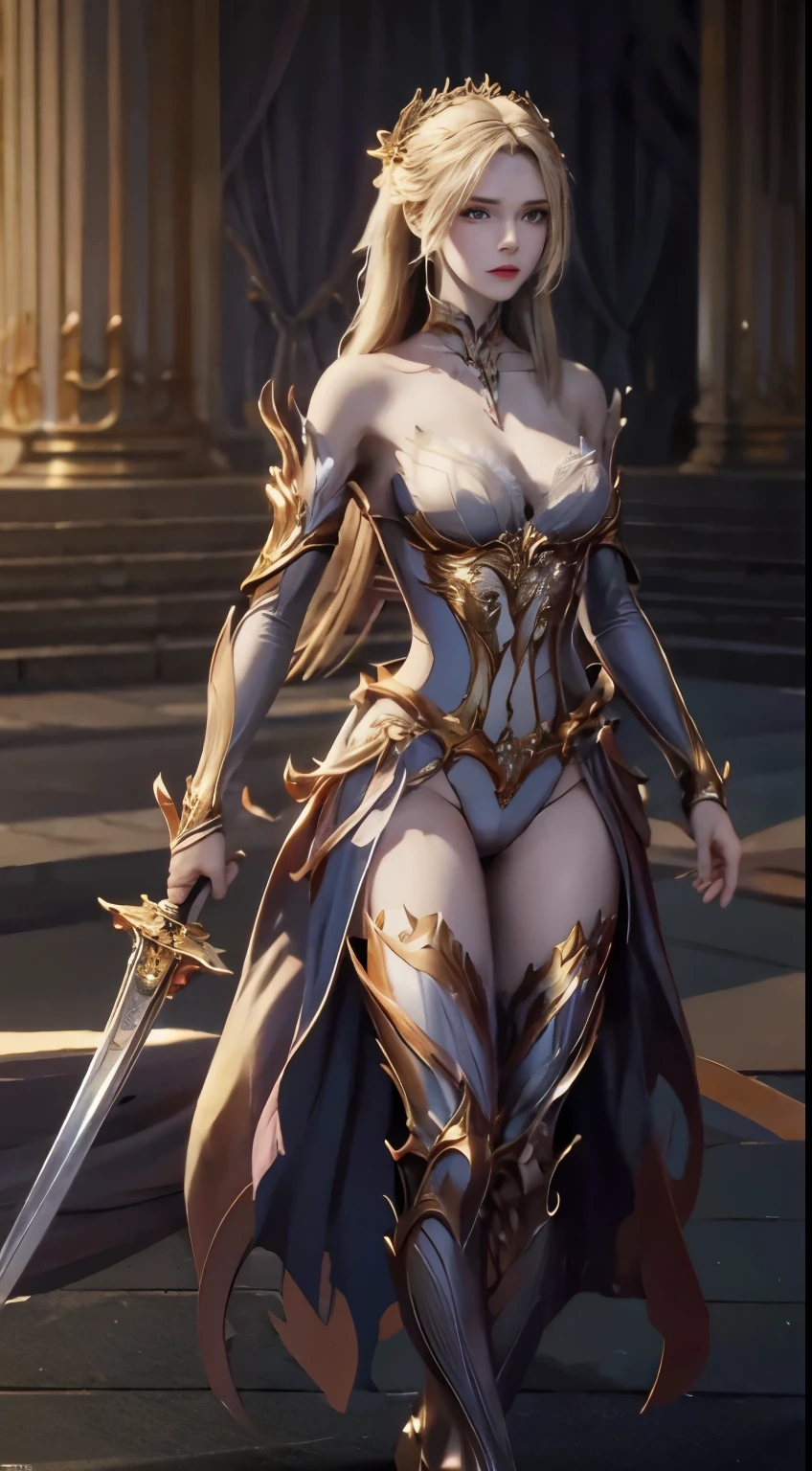 ((high quality)), ((masterpiece)), 8k, Standing on the surface of the sea,Has a pair of big golden wings,protrait photo,Holding a long sword in his hand,huge breasts,Larger breasts,Hollow clothes,transparent clothes,More transparency,amazing breast size,Raised nipples,bareness的乳房,Extensive nudity,More nudity,bareness