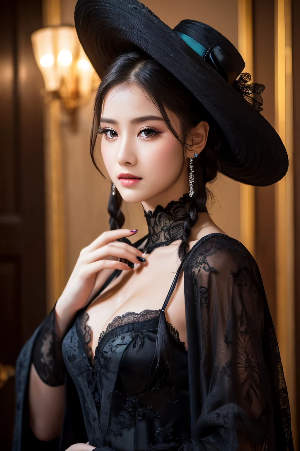 best quality, 32k, RAW photo, incredibly absurdres, extremely detailed, delicate texture, beautiful lady, cold condescending gaze, black elegant formal wear, black lace robe, black elegant formal big hat, glossy iridescent braided hair, perfect body line, professional lighting