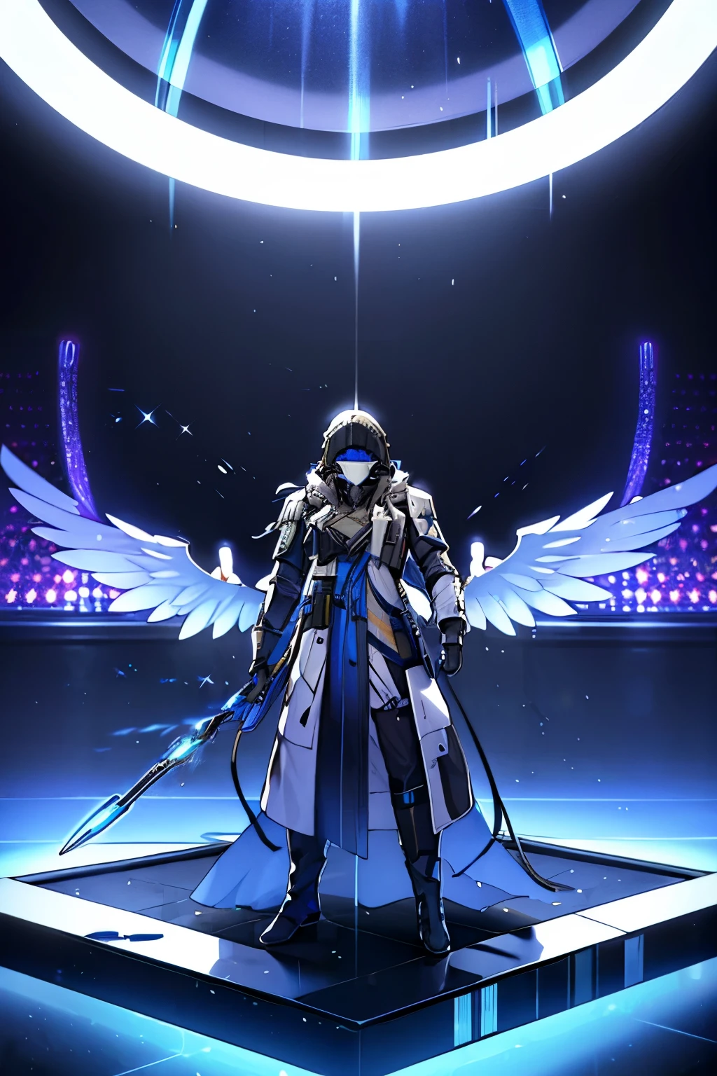 (masterpiece), best quality, 1boy, 1guy, solo, arknights design, arknights operator, (black hair, blue eyes), dark plastic armor, grey armor, rhodes island armor, knight, (sankta, glowing halo, holographic angular shaped wings, holographic wings, angular wings, halo), (man, young man, boy, tall, tall man) menacing eyes, intimidating aura, vengeance, spear