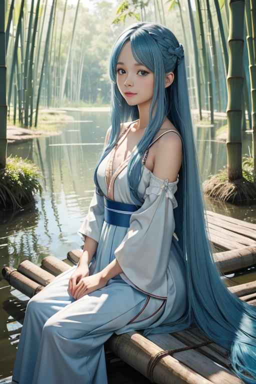 Masterpiece, Best Quality, Official Art, 8k Wallpaper, Very Detailed, Illustration, 1 Girl, Sky Blue Hair, Long Hair, Detailed Eyes, Forrest Gump, Bare Shoulders, Hanfu, Lake, Pure, Soft Smile, bamboo, tea