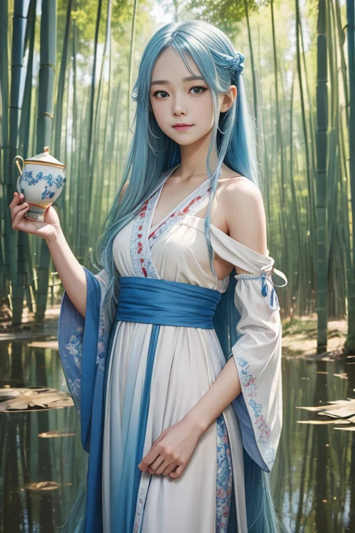 Masterpiece, Best Quality, Official Art, 8k Wallpaper, Very Detailed, Illustration, 1 Girl, Sky Blue Hair, Long Hair, Detailed Eyes, Forrest Gump, Bare Shoulders, Hanfu, Lake, Pure, Soft Smile, bamboo, tea