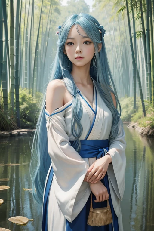 Masterpiece, Best Quality, Official Art, 8k Wallpaper, Very Detailed, Illustration, 1 Girl, Sky Blue Hair, Long Hair, Detailed Eyes, Forrest Gump, Bare Shoulders, Hanfu, Lake, Pure, Soft Smile, bamboo, tea