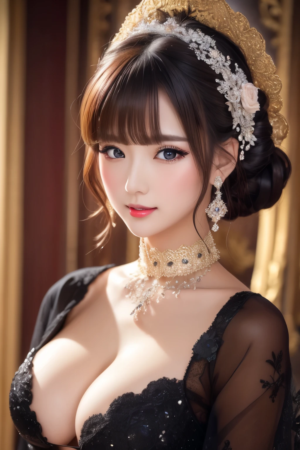 from below, best quality, 32k, RAW photo, incredibly absurdres, extremely detailed, delicate texture, beautiful lady, cold condescending gaze, wearing black elegant formal wear, black lace robe, black elegant formal big hat, glossy iridescent braided hair, perfect body line, professional lighting