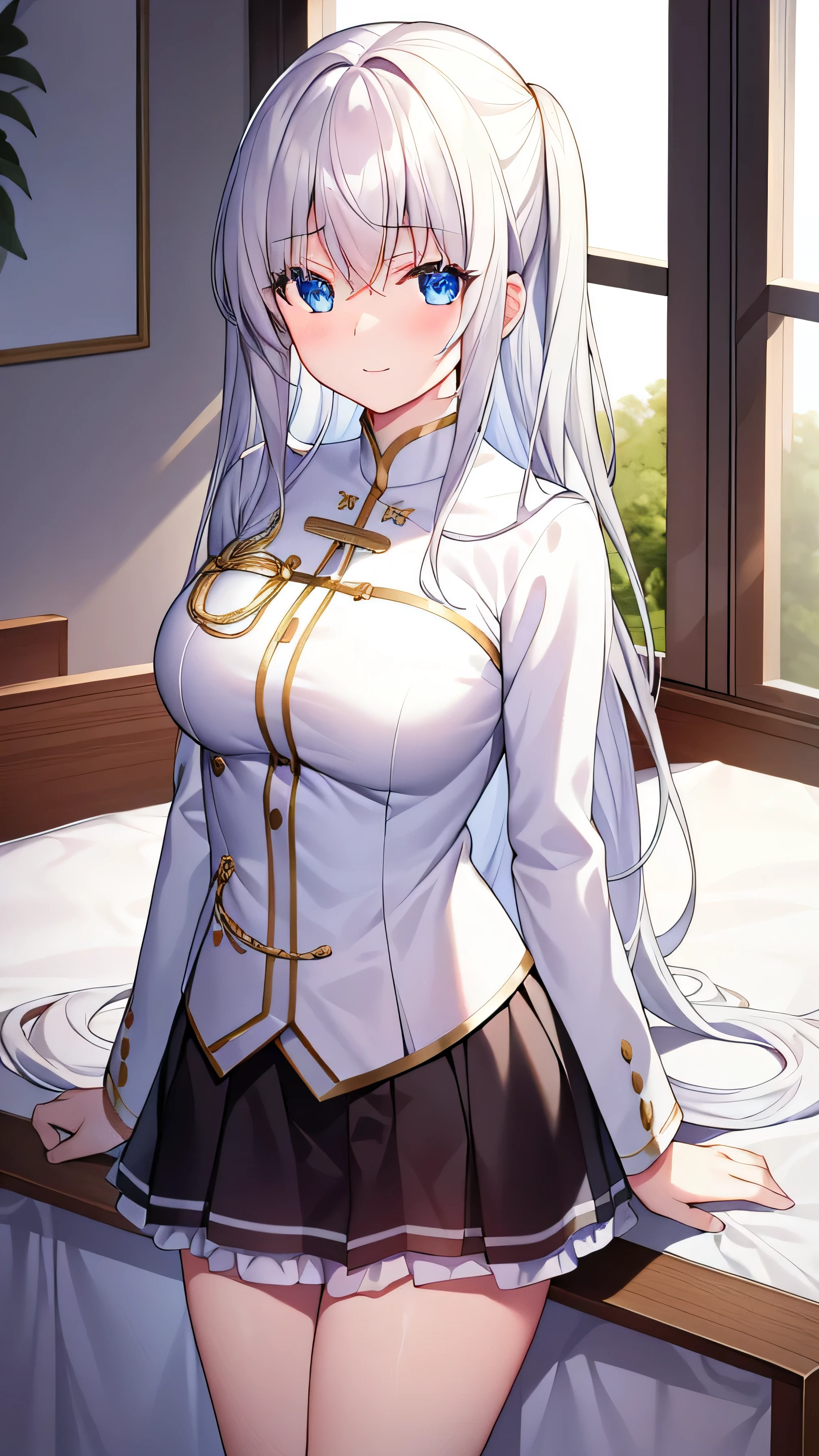 detailed， dense， masterpiece， a girl， Beautiful big breasts， Wearing a white cardigan， Everlasting，Stand by the bed，There were blankets，  white hair， 16 years old， Light滑的皮肤， 发Light的皮肤， 发Light的头发， clear eyes， 发Light的眼睛，blue eyes， pale pink lips， （The audience looks down： 0. 8） Smile， cheeks dyed red， very shy， open mouth， through bangs， white sleeves， white coat， a girl， soft skin，good understanding， 发Light的皮肤， Light， 丰富的Light， room Lighting， Simple gold necklace， Diamond necklace， white lace文胸， white lace， white lace内衣， high angle， low angle， （masterpiece： 1.0）， （actual： 1.6）， （soft focus： 1.5），Black，