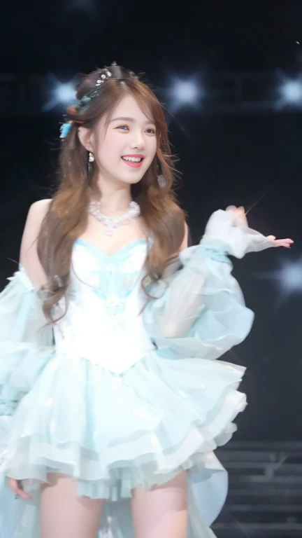 a close up of a woman in a dress on a stage, full body xianxia, smiling as a queen of fairies, xianxia fantasy, sha xi, belle delphine, fantasy dress, icey blue dress, dilraba dilmurat, queen of the sea mu yanling, frilly outfit, ruan jia beautiful!, fantasy outfit, jia