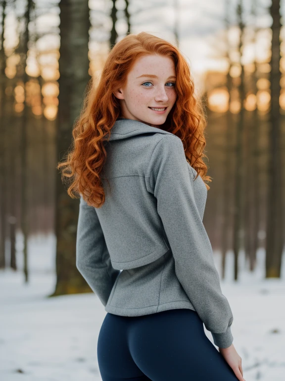 (1girl in, age19, Solo, Aesthetic artwork, irish redhead, wavy ginger hair, shoulder length ginger hair, light grey eyes, some small freckles, smiling, pale skin, A-cup, small breasts, runners body, (textured skin, skin pores:1.1), (moles:0.8), imperfect skin, goosebumps, wearing dark gray jacket, wearing navy blue leggings, empty trees, early winter, no snow, mountains, blury background, (back to camera, 1.25), (extremely detailed 8k wallpaper), (hard lighting), high quality, film grain, Fujifilm XT3 sharp focus, f 5.6, 50mm, High Detail, Sharp focus, (natural light), crazy details, complex details, hyperdetailed , full body 
