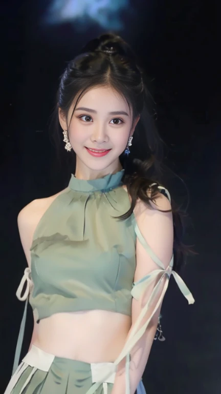 a close up of a woman in a dress on a stage, full body xianxia, smiling as a queen of fairies, xianxia fantasy, sha xi, belle delphine, fantasy dress, icey blue dress, dilraba dilmurat, queen of the sea mu yanling, frilly outfit, ruan jia beautiful!, fantasy outfit, jia