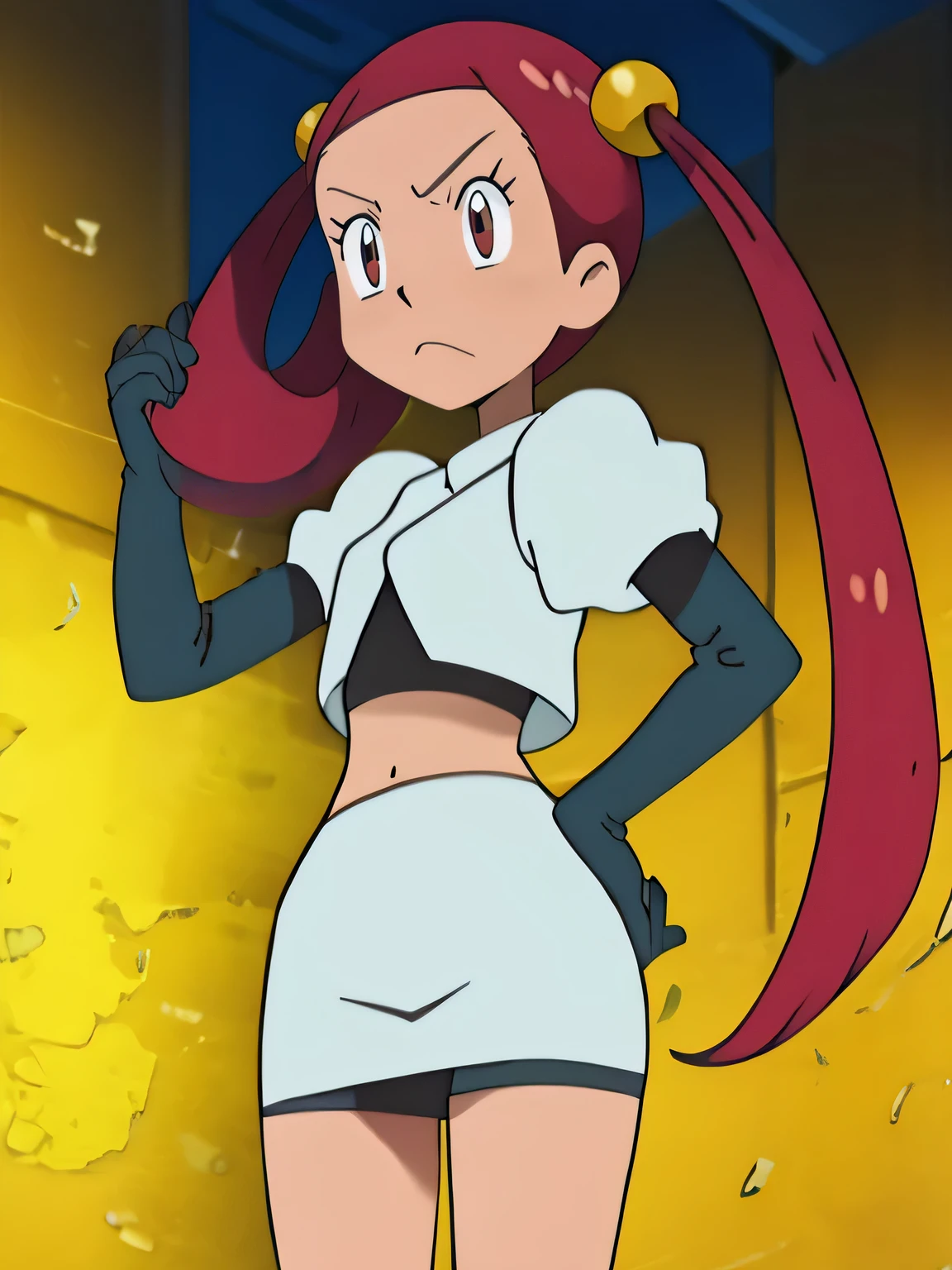 team rocket uniform, red letter r, white skirt,white crop top,black thigh-high boots, black elbow gloves, glaring angrily, looking at viewer, hands on hips, full body seen masterpiece, best quality,