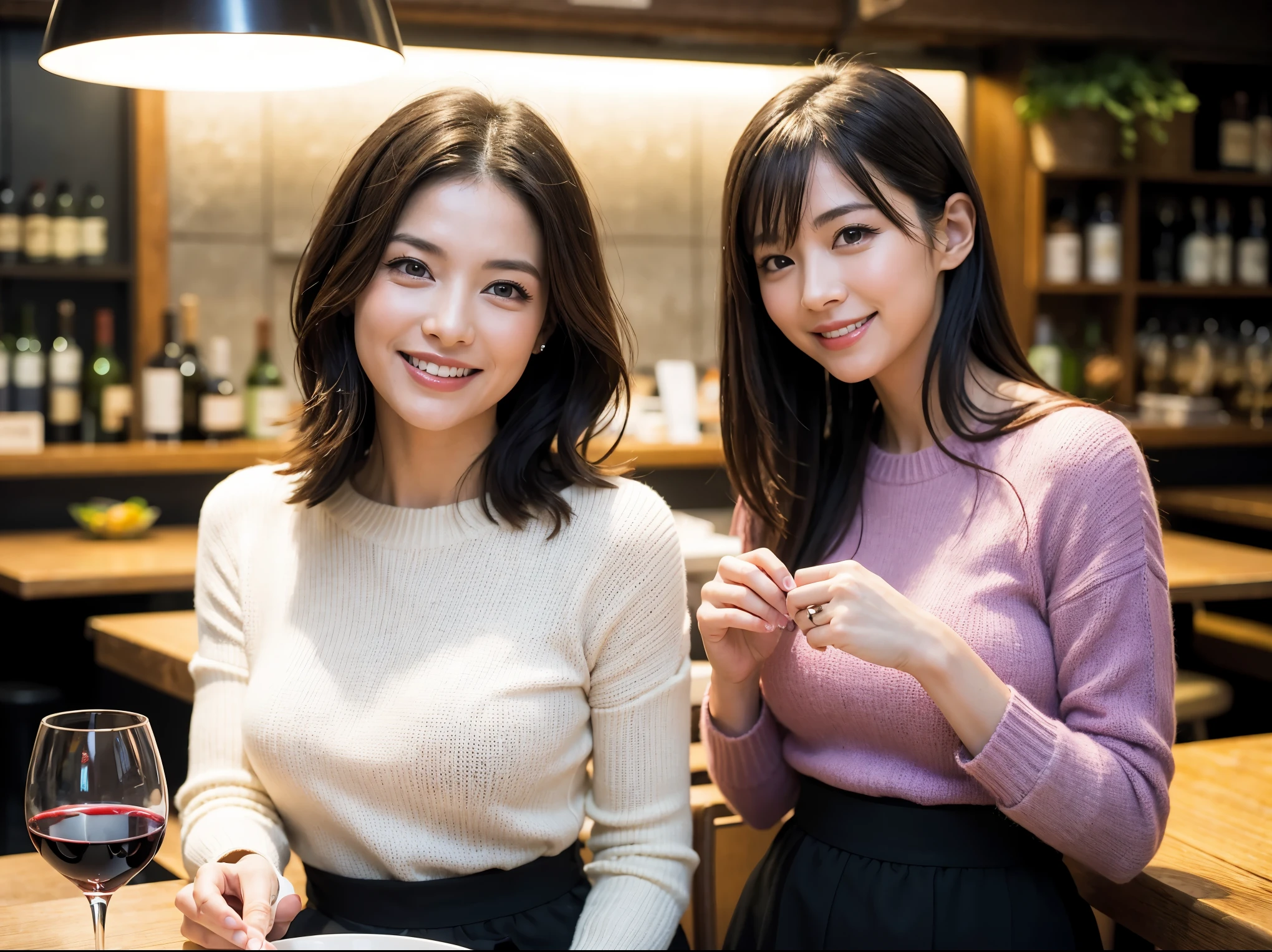 (64k included、nffsw、highest quality、masterpiece:1.2)、(realistic、Photoreal:1.37)、super detailed、wine glass、enjoy wine、mature woman、two beautiful women、(slim face)、(Because I'm slender)、(brown hair)、(shortcut)、Latin、smiling french woman、happy italian girl、british woman、American、blush a little、(38 years old)、42 years old、red wine、窓の外には美しく緻密なnight景が広がります......、restaurant、wine glassは目立つ場所に、night、(from the waist up)、sit on top、date、(laughter:1.15)、beautiful and fine eyes、cashmere sweater、long sleeve dress、Japanese、(short hair:1.2)、Float NovaFrogStyle、、modeled、from the waist up、White wine、turned into slime、wine glass、超きれいなnight景、wine glassは真ん中に置いて、smile、(8K、Raw photo、highest quality、masterpiece:1.2)、(realistic、Photoreal:1.37)、super detailed、Super high resolution、2 women、see the beholder、beautiful and detailed face、laughter、narrow、(slim waist) :1.3)、knit shirt、Beautiful and smooth skin、skin texture、floating hair、professional light needle breast、kind eyes