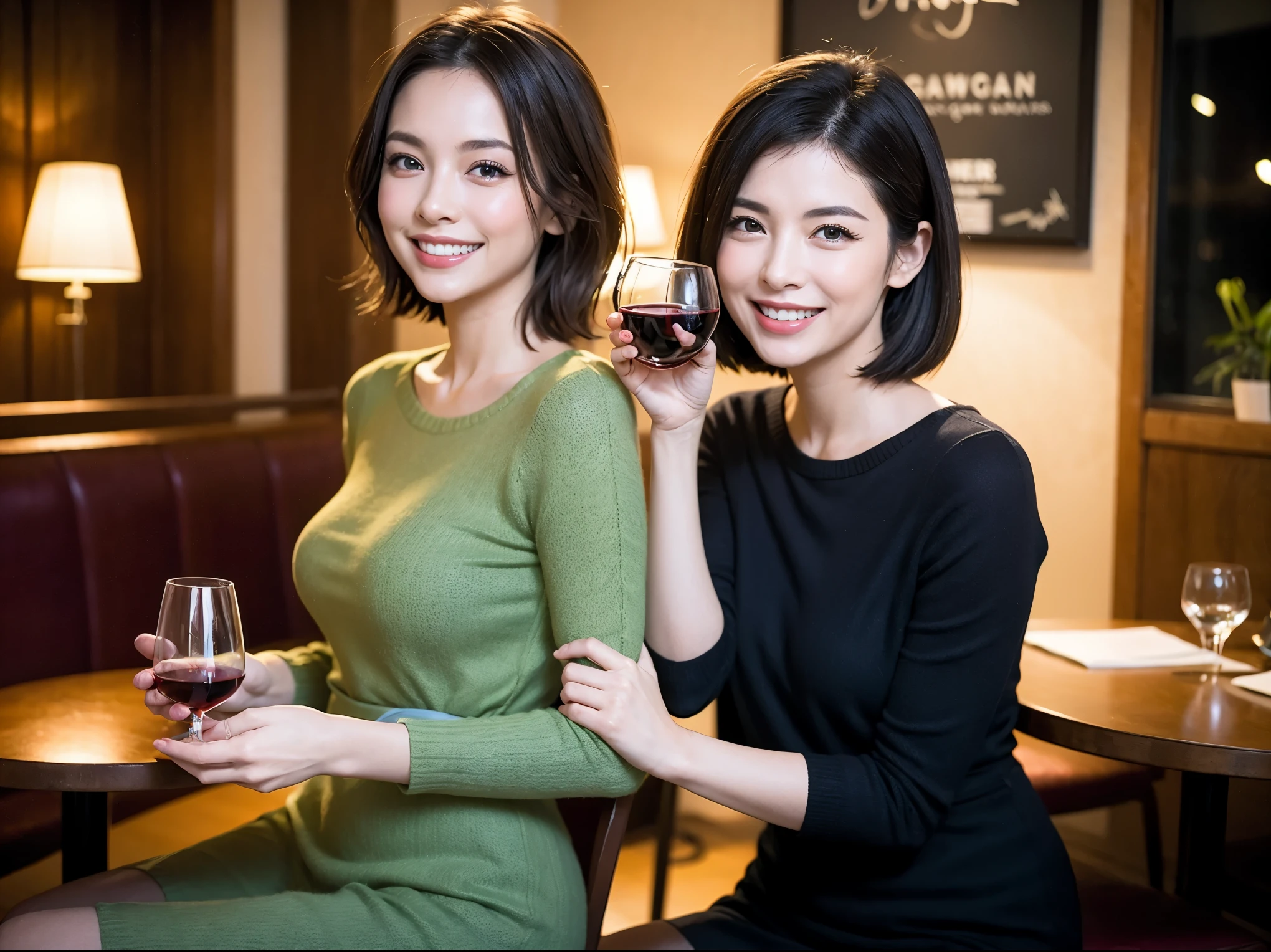 (64k included、nffsw、highest quality、masterpiece:1.2)、(realistic、Photoreal:1.37)、super detailed、wine glass、enjoy wine、mature woman、two beautiful women、(slim face)、(Because I&#39;m slender)、（brown hair）、(shortcut)、Latin、smiling french woman、happy italian girl、british woman、American、blush a little、(38 years old)、42 years old、red wine、窓の外には美しく緻密なnight景が広がります......、restaurant、wine glassは目立つ場所に、night、(from the waist up)、sit on top、date、(laughter:1.15)、beautiful and fine eyes、cashmere sweater、long sleeve dress、Japanese、(short hair:1.2)、Float NovaFrogStyle、、modeled、from the waist up、White wine、turned into slime、wine glass、超きれいなnight景、wine glassは真ん中に置いて、smile、(8K、Raw photo、highest quality、masterpiece:1.2)、(realistic、Photoreal:1.37)、super detailed、Super high resolution、2 women、see the beholder、beautiful and detailed face、laughter、narrow、(slim waist) :1.3)、knit shirt、Beautiful and smooth skin、skin texture、floating hair、professional light needle breast、kind eyes