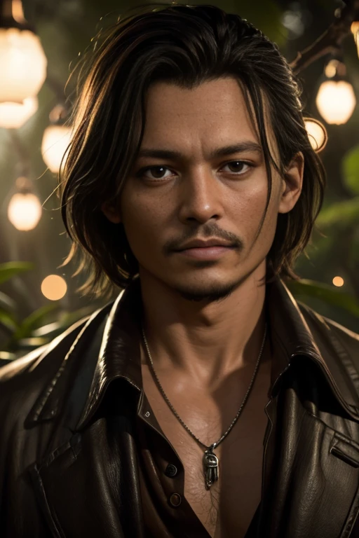 masterpiece, Johnny Depp walking through a jungle at night with fireflies dancing, (High detail:1 1), rough face, Natural Skin, high quality, Browsing Caution, Beautiful Eyes, (detailed face and eyes), (face: 1 2), noise, Extra, Actual photo, PSD, Lamp Film Photo, Sharp focus, Contrast lighting, Detailed skin, High resolution 8k, Crazy details, Realistic, Professional photography, 8K Ultra HD, Single-lens reflex camera, Soft lighting, high quality, Film Grain, Fujifilm XT3