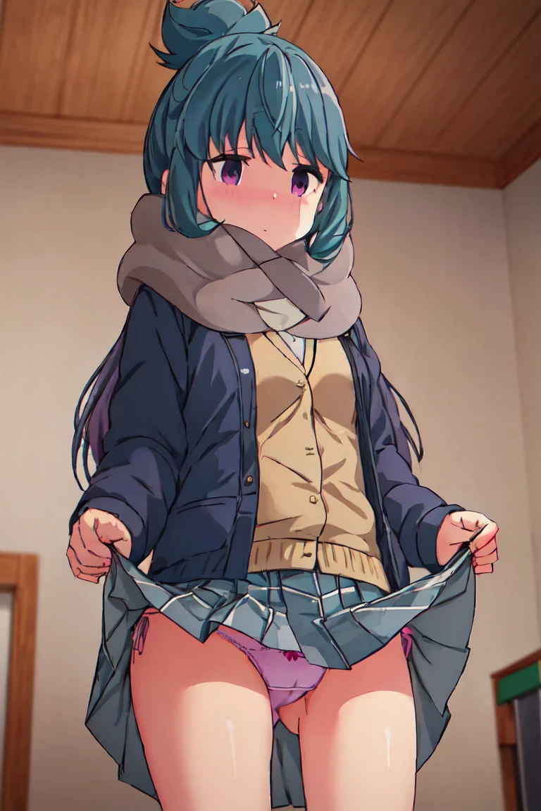 highest quality, masterpiece, High resolution, alone, {Shima_Also_yuru camp:1.15},( green_hair), purple_eye, closed_mouth, single_hair_good, hair_good, 1 girl, 前hair, blurry, blurry_background, (Motosu High School Girls Uniform Winter Clothes:1.3、Grey plaid skirt)、(lift up skirt、cute panties)