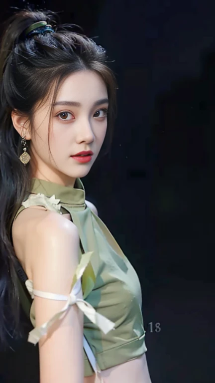 a woman in a green top and green pants with a white belt, jia, sha xi, full body xianxia, cai xukun, wearing a sexy cropped top, inspired by Wang Meng, t-top, gongbi, army, inspired by Huang Ji, kda, inspired by Song Maojin, tinyest midriff ever, with arms up