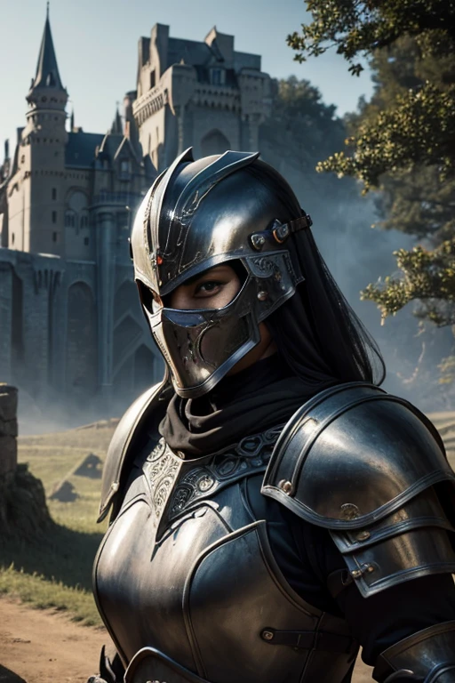 ((realistic)), cinematic shot, movie theater, photo referenced, highest quality, high quality, (detailed face and eyes:1.1), a huge knight wearing a black armor, ((intricate helmet)), face mask armor, ((big eyes)), black sclera, in the countryside, black eyes, subsurface scattering, intricate (high detail), ((cute)), (detailed skin:1.1), shiny skin, photorealism, volumetric lighting, magic circles, a castle in the background,
