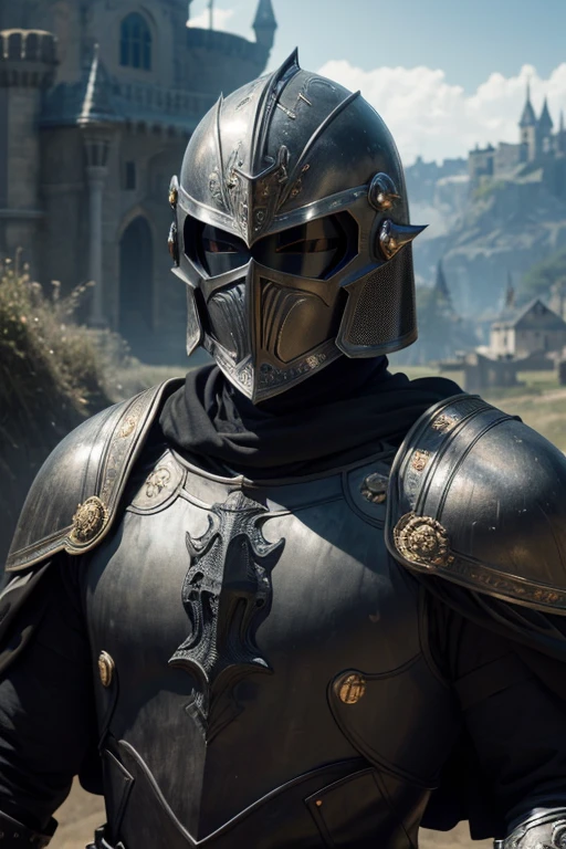 ((realistic)), cinematic shot, movie theater, photo referenced, highest quality, high quality, (detailed face and eyes:1.1), a huge knight wearing a black armor, ((intricate helmet)), face mask armor, ((big eyes)), black sclera, in the countryside, black eyes, subsurface scattering, intricate (high detail), ((cute)), (detailed skin:1.1), shiny skin, photorealism, volumetric lighting, magic circles, a castle in the background,