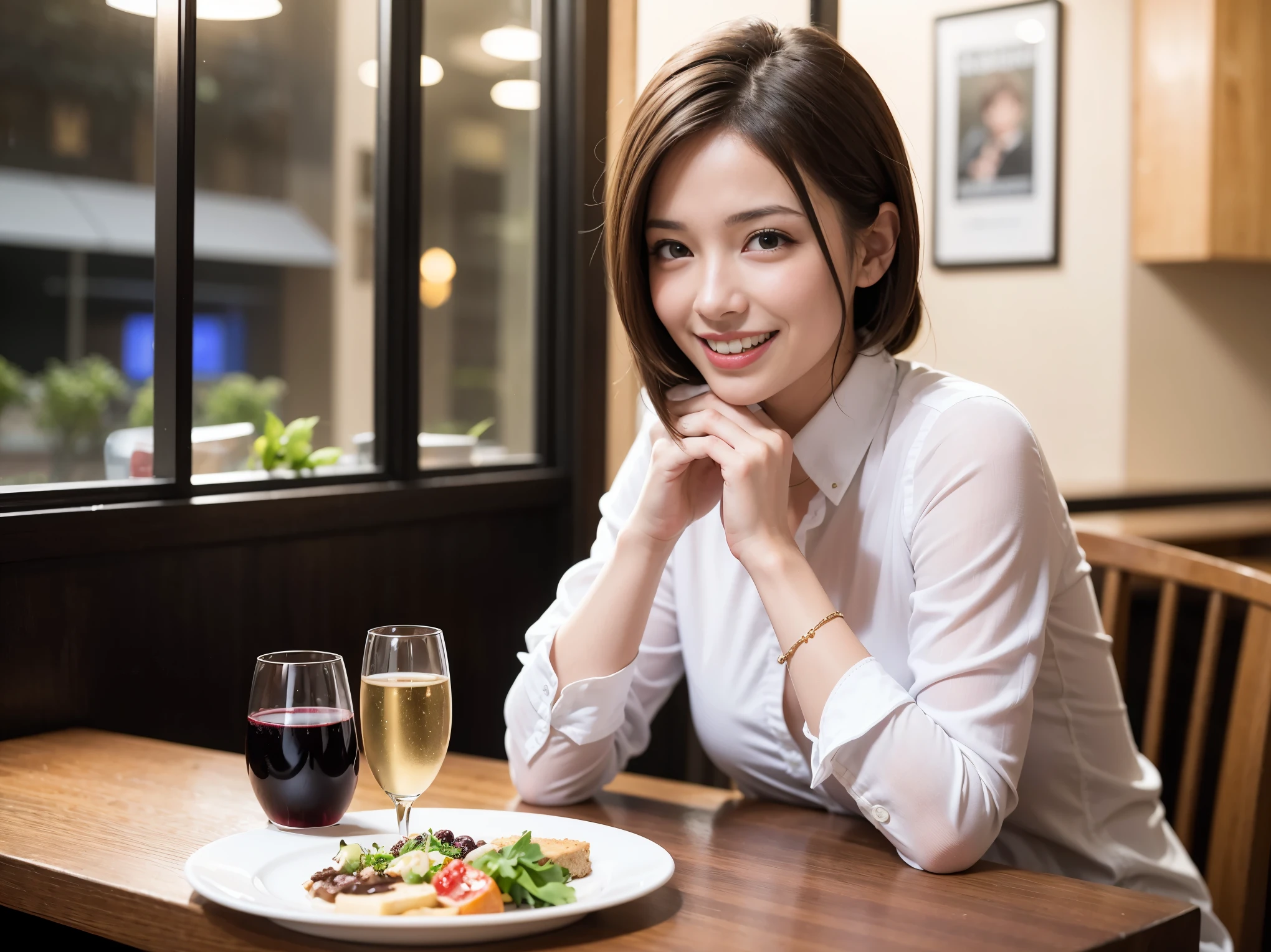 ((Highest quality、8K、masterpiece:1.3))、Yuuko Araki、slimカップル、Pink rubber、modelカップル、(Realistic, Intricate details:1.2), full-course dinner、Wine Party、Amazing view of the sunset sky and clouds、A bright smile、The wonderfulness of smile、Bright image、The beauty of wine, Beautiful Face, blue eyes, The light shines on your face, Blushing, short hair,Bright Face、 (Age 37), 39 years old, red wine 、Appetizers、Italian food、Wine bottle、Champagne、sparkling wine、Two beauties、Brown Hair、Shortcuts、Long sleeve shirt、dress、Beautiful woman 1, (slimな顔), (The body is slim), (Brown Hair), (Shortcuts), cheeks turn a little red,Attractive beauty、restaurant, In a prominent place (From the waist up) Nova Frog Style, actress, model, Upper Body, White wine, slim, wine glass, 中央に置かれたwine glass, smile, (smile: 1.15), Beautiful fine grain, Depth f/2,saturation, High Contrast, Strong light and shadow,Moist Body:1.5、3D texture、Delicate eyes、Brown Hair、The hair is very shiny、
