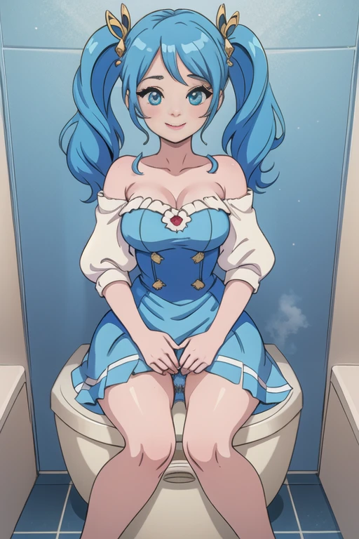 Moe Moe  Super Idol　sparkling beautiful girl　charming smile　sky blue hair　hair length　twin tails　　Facing the front, naked crotch, fully naked crotch open, love juice lazing, masturbation, toilet, pussy spread, erotic face