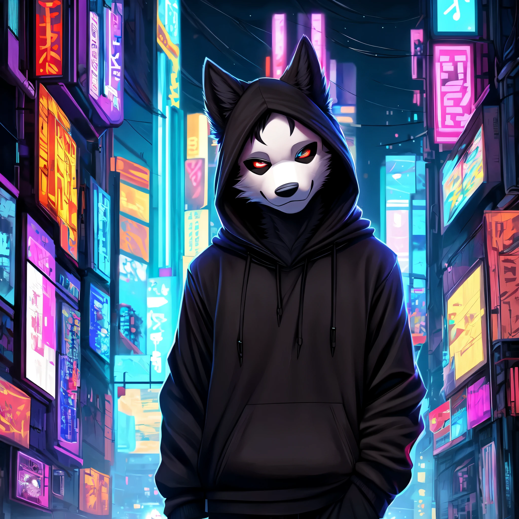 by angiewolf, hioshiru, puro, anthro, male, solo, clothing, fur, 2022, black clothing, hoodie, black topwear, lidded eyes, black hoodie, cyberpunk city background