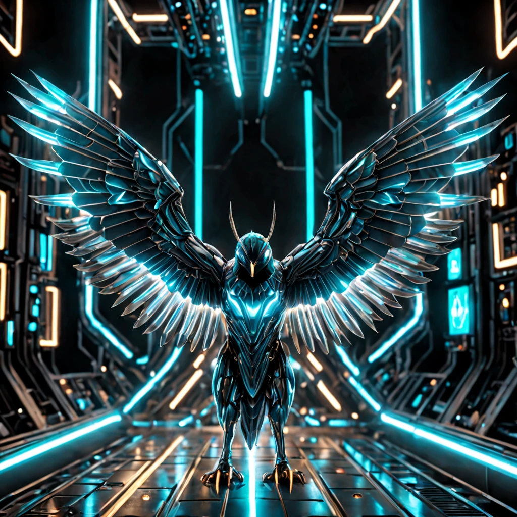 (((One starling bird))) sleek (aerodynamic). The ray-traced ((shiny metallic)) photo-realistic bird in ((cool colors)) spreads two large wings to fly with open beak, black glowing cyan eyes, ((perfect symmetrical tail)) (tail feathers fanned out). The background is a dark neon futuristic city or mountains. Circuit traces everywhere, circuitry on the cyborg bird's head, and plasma stream trails. The bird is robotic, shiny metal body panels, with cables; ((two large talons)) reach forward to grab something. Illuminated symmetrical bird wings, cyan-blue between panels. The sky and clouds contrasts of light and dark, dark moonlit night. Full body and wings in-frame.