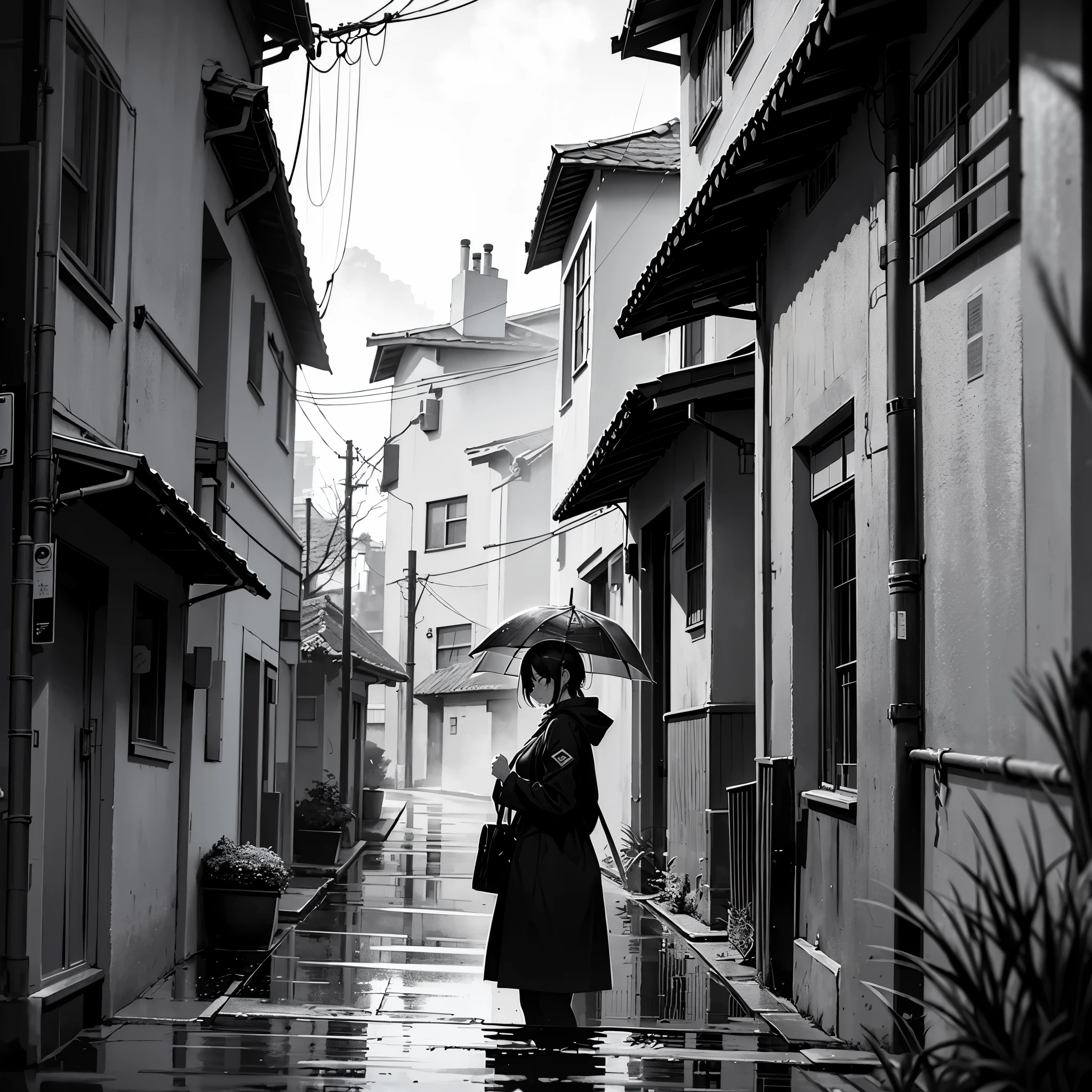 In the quaint, rain-soaked village, a solitary girl clad in a black uniform stands on the deserted street, looking directly at the viewer. The melancholic ambiance of the day is accentuated by the drizzling rain, as it pelts against the girl's uniform, making it seem almost translucent. In the background, a car can be seen parked in a nearby field, its tires kicking up mud as if beckoning the passing of time. The village, shrouded in monochrome tones, is picturesquely framed by the falling rain and the grey, moody sky overhead. The intricate details of the scene are rendered in best quality, ultra-