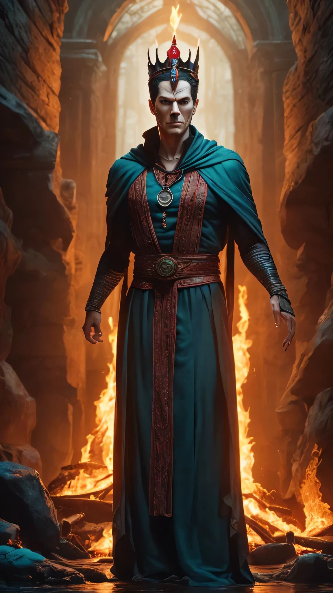 Aidan Gillen as Shinnok from Mortal Kombat, 1man, solo, ((mummy)), (((horned ruby crown))), (((pale white skin))), (dark-turquoise robe with intricate ruby patterns), (amulet), a river of burning lava, burned bones lying everywhere, intricate, high detail, sharp focus, dramatic, photorealistic painting art by greg rutkowski