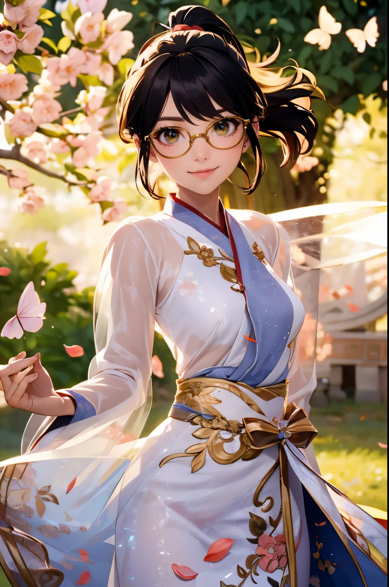 Wide shot, Beautiful girl, black hair in a ponytail, bangs, a hair accessory, wearing glasses, a bright smile, small breasts, a slim waist, (wearing a hanfu ((see-through)) with many layers of intricate details (light yellow)) , Dresses fluttering in the wind, seductive dances, the backdrop is an island with only peach trees in full bloom, many peach petals fluttering, morning light, anime, high quality