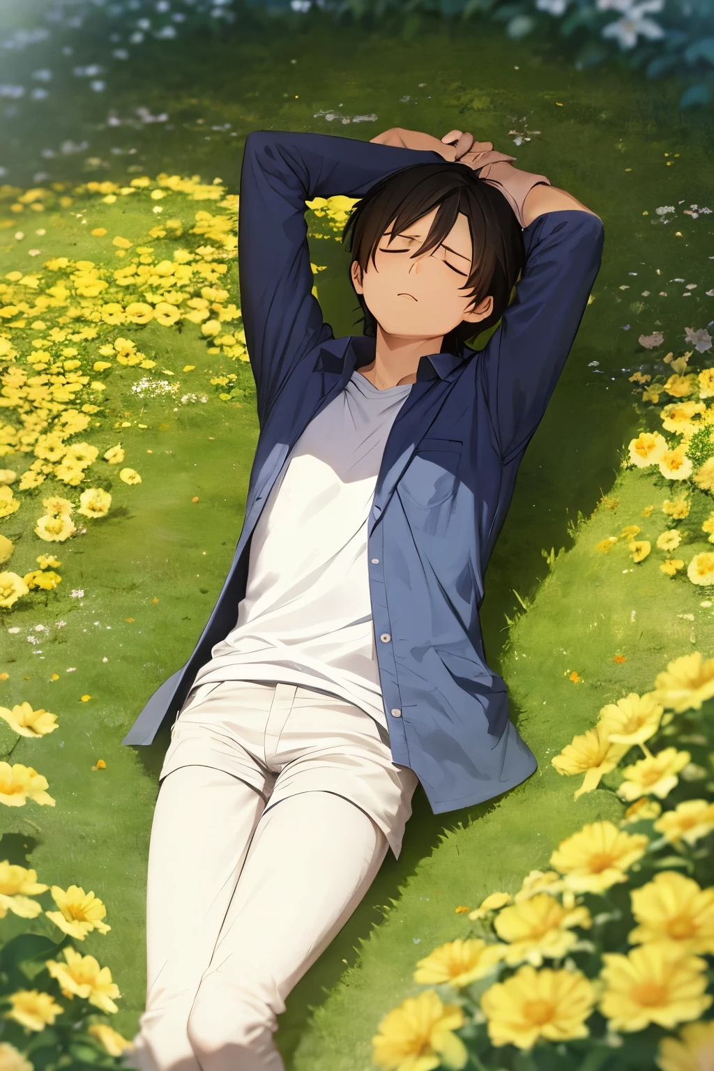 Eren Yeager sleeping in the middle of flowers