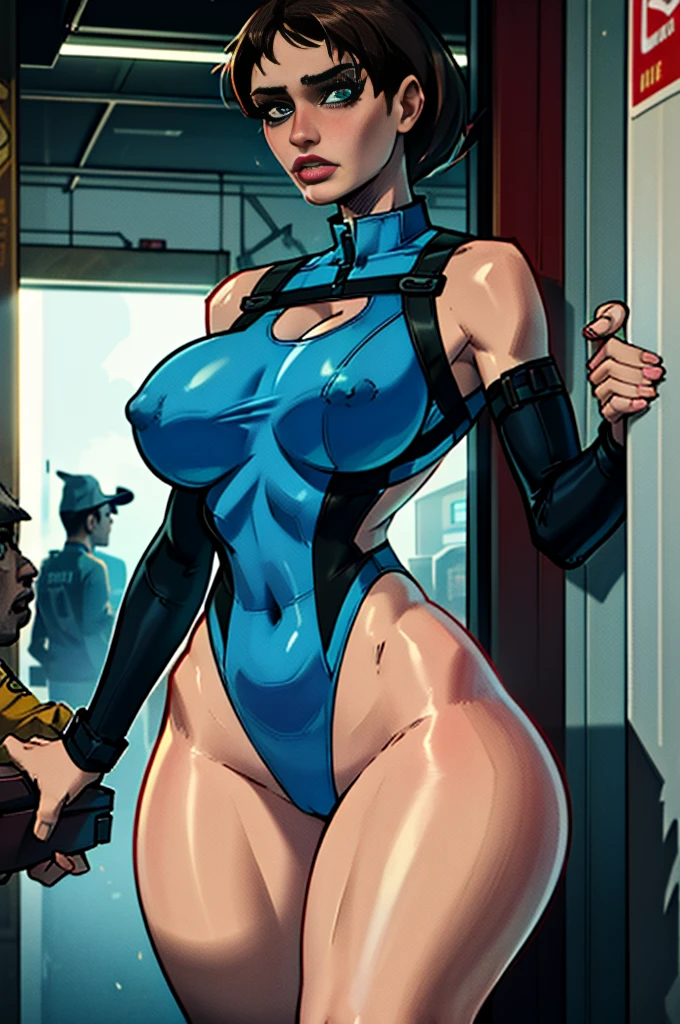 (Highest image quality, outstanding details, ultra-high resolution), (jill valentine: 1.4), favor details, highly condensed 1 beautiful slutty girl, with a delicate and beautiful face, ((cowboy shot)), (chubby:0.4), (wearing blue racing suit likes police uniform, black and grey mecha, wearing military harness, holding a machinegun), background raccoon city,