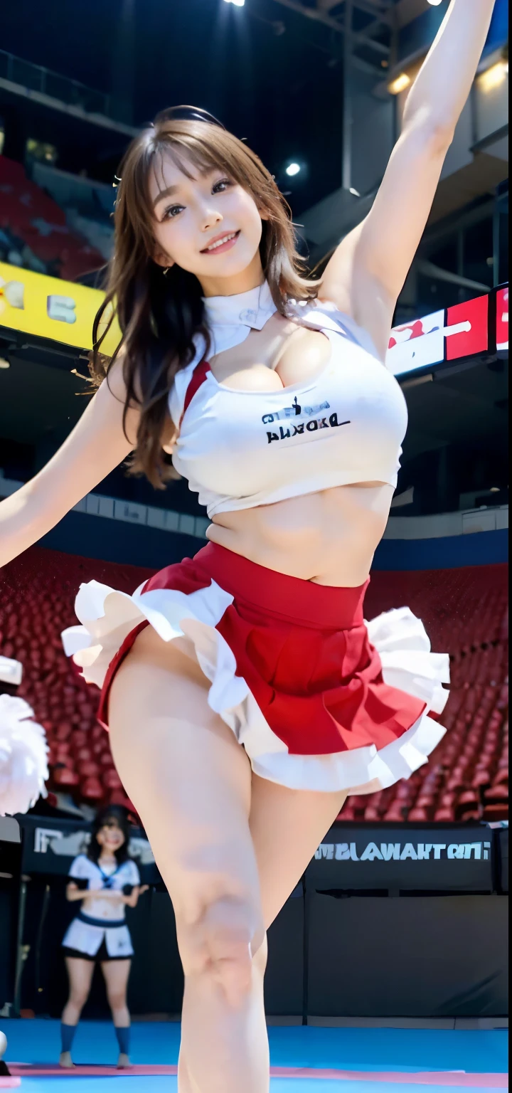 Cheerleader、colorful cheering costumes、I can see your belly button、Short skirt lift、big pom pom loop panties、NSFW、Raise one leg high to cheer、(((high kick:1.3)))、Low angle full shot、Below the shot loam at ground level、High and wide sky、The audience seats are full、1 Japan girls、Put your hands behind your head to show your armpits、(8K、highest quality、masterpiece:1.3)、golden ratio face、The best smile in the eyes of the camera、Medium chest、(layer cut、Breasts out:1.2)、Brown Medium Bob Curl Hair、professional writing、Stadium at night、Blurred light、Nogizaka idol 、Gravure idol pose、heavy hanging breast.thick thighs