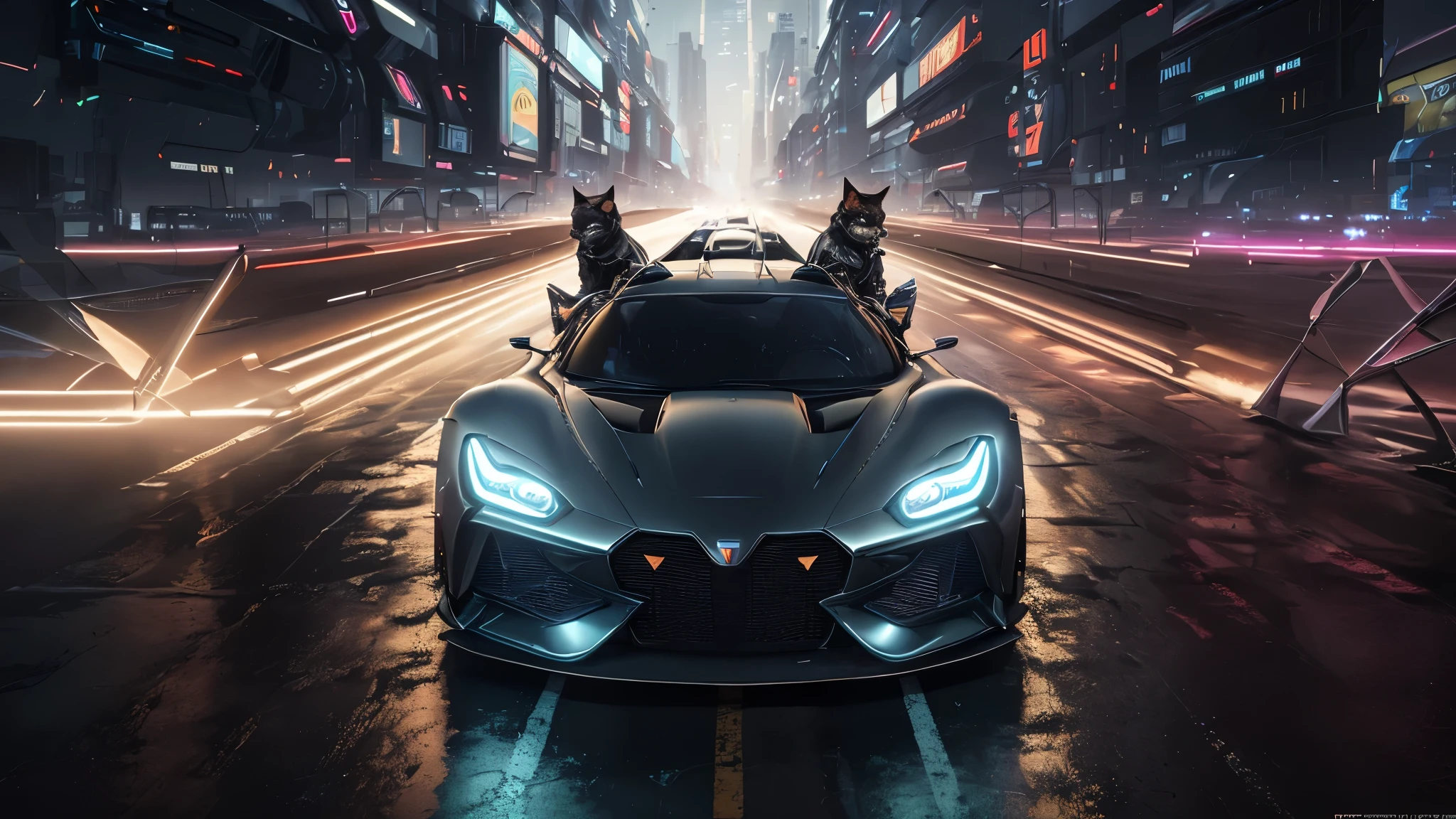 Close-up of a car with cat ears on the hood, Octane trends at cgsociety, Written by Alexander Kucharsky, by Tadeusz Pruszkówski, super car, octane number, futuristic product car shot, hyper real render, Futuristic concept car, Cute futuristic rides, render of futuristic super car, Futuristic cars, cyberpunk cat, Futuristic cars concept