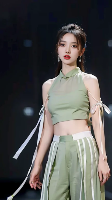 a woman in a green top and green pants with a white belt, jia, sha xi, full body xianxia, cai xukun, wearing a sexy cropped top, inspired by Wang Meng, t-top, gongbi, army, inspired by Huang Ji, kda, inspired by Song Maojin, tinyest midriff ever, with arms up