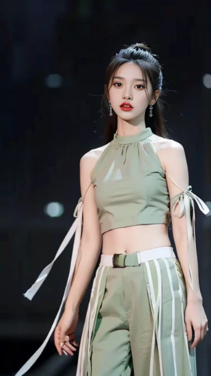 a woman in a green top and green pants with a white belt, jia, sha xi, full body xianxia, cai xukun, wearing a sexy cropped top, inspired by Wang Meng, t-top, gongbi, army, inspired by Huang Ji, kda, inspired by Song Maojin, tinyest midriff ever, with arms up