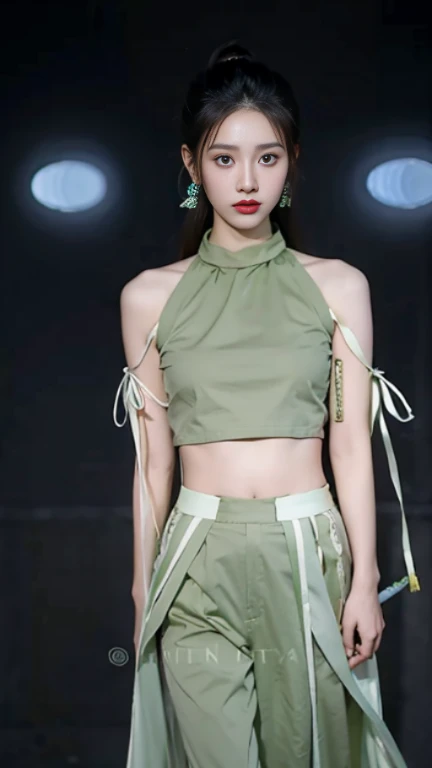 a woman in a green top and green pants with a white belt, jia, sha xi, full body xianxia, cai xukun, wearing a sexy cropped top, inspired by Wang Meng, t-top, gongbi, army, inspired by Huang Ji, kda, inspired by Song Maojin, tinyest midriff ever, with arms up