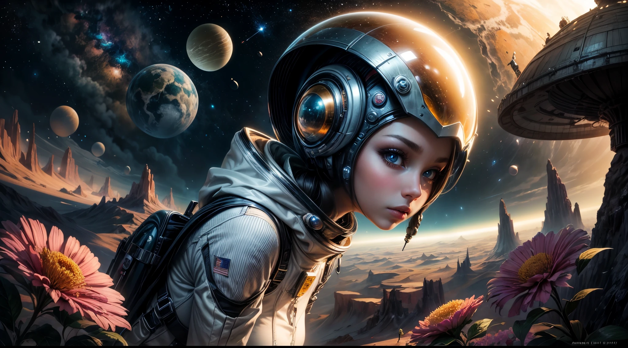 "A detailed painting of a alien girl dressed as a space ranger, exploring an extraterrestrial landscape adorned with vibrant, otherworldly flowers. Science fiction wonderland, imaginative, space adventure."