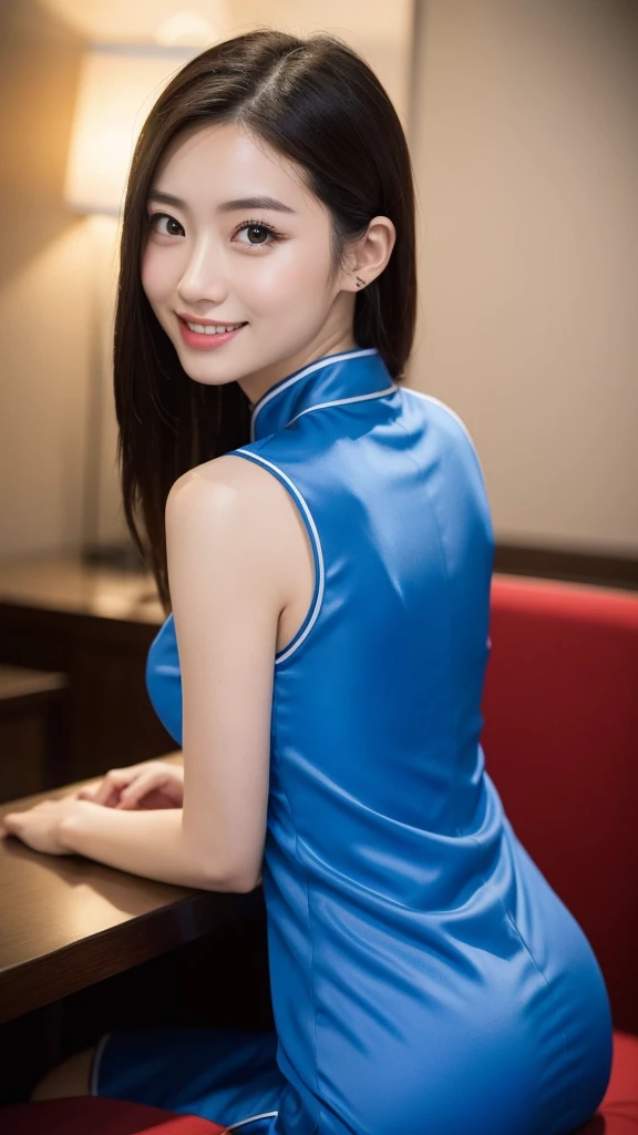 wear a blue cheongsam,Let's go out with a smile, Yoshitomo Nara, good young girl, sexy :8, reluvy5213, attractive pose, sexy girl, gorgeous young korean woman, beautiful asian girl, japanese model, korean girl, High resolution,8K,Yokohama,Hotel lounges,sitting on a chair,looking back