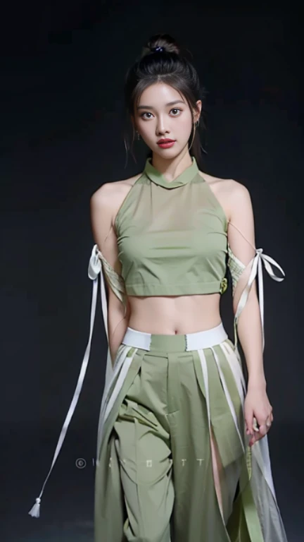 a woman in a green top and green pants with a white belt, jia, sha xi, full body xianxia, cai xukun, wearing a sexy cropped top, inspired by Wang Meng, t-top, gongbi, army, inspired by Huang Ji, kda, inspired by Song Maojin, tinyest midriff ever, with arms up