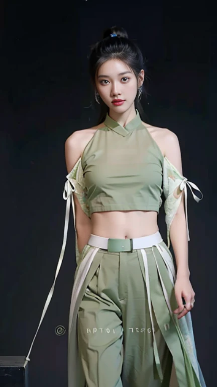 a woman in a green top and green pants with a white belt, jia, sha xi, full body xianxia, cai xukun, wearing a sexy cropped top, inspired by Wang Meng, t-top, gongbi, army, inspired by Huang Ji, kda, inspired by Song Maojin, tinyest midriff ever, with arms up