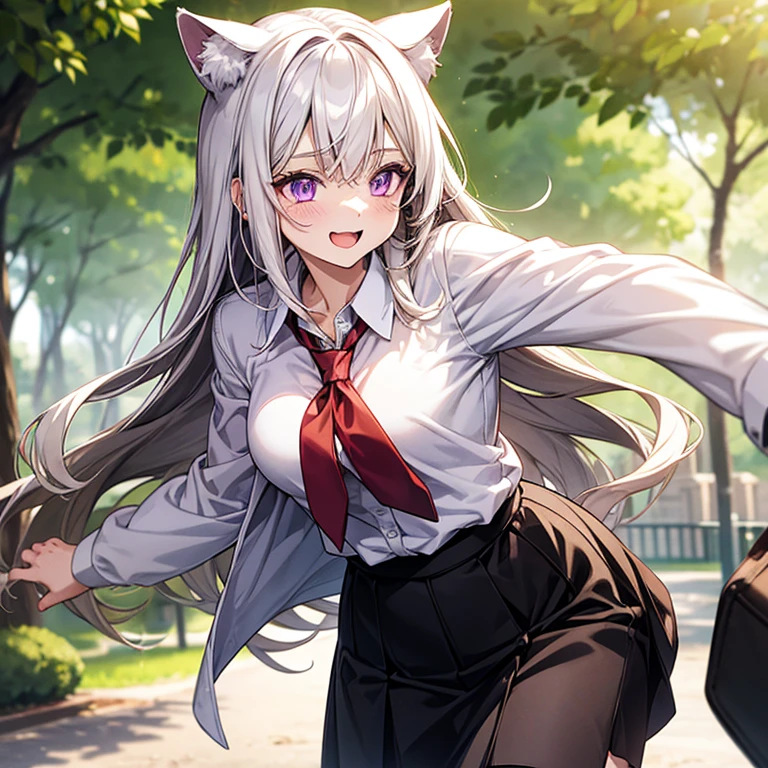 1 anime girl, young, cat ears, long brownish white hair, purple eyes, happy face, white long-sleeved shirt with red tie, black skirt, was in the park, detailed background, diffused sunlight