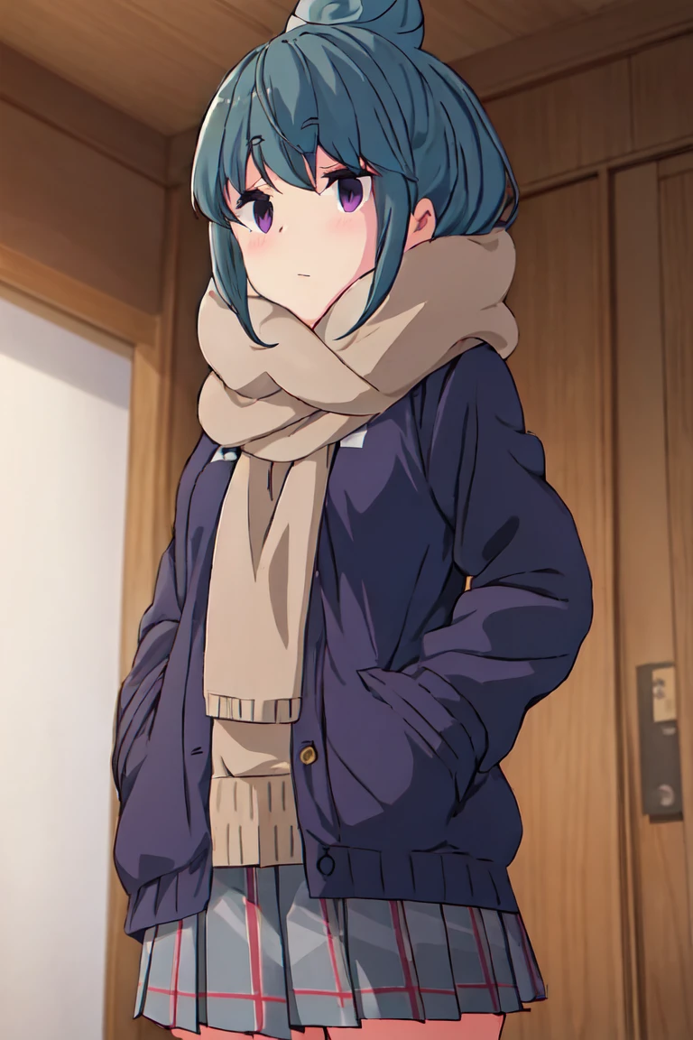 highest quality, masterpiece, High resolution, alone, {Shima_Also_yuru camp:1.15},( green_hair), purple_eye, closed_mouth, single_hair_good, hair_good, 1 girl, 前hair, blurry, blurry_background, (Motosu High School Girls Uniform Winter Clothes:1.3、Grey plaid skirt)、(lift up skirt、cute pants)