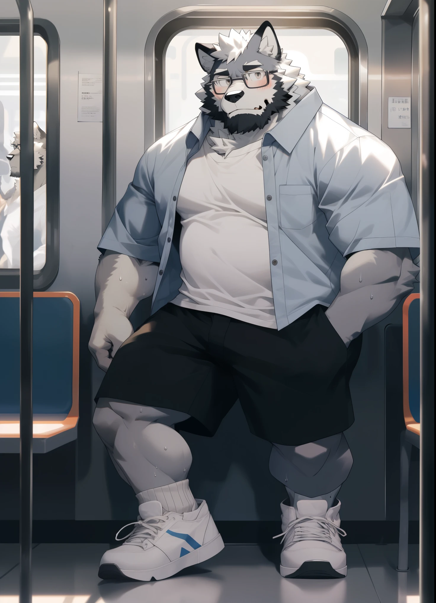 hairy,(Wolf,Black-rimmed glasses,White short sleeves,Gray long sleeve shirt jacket,rolled up sleeves,shorts,Board shoes,white socks),beard,white fur,male,Common,full body picture, dynamic poses,On the subway,corner,背靠着corner,sweaty,blush,shy expression,detailed background,极其lifelike阴影,masterpiece,Very detailed,lifelike
