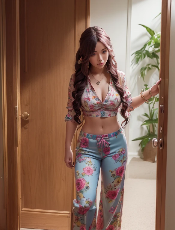 wide-shot, action, Epic Composition, photo of The most high (CthuluBishop:1) high resolution realistic incomplete highlighter colour sketches of a young woman (hippies style, long pants bell bottom, floral shirt), long and curly hair, standing near door, 4k hd, fidelity. full body shot. gibson guitar by side,