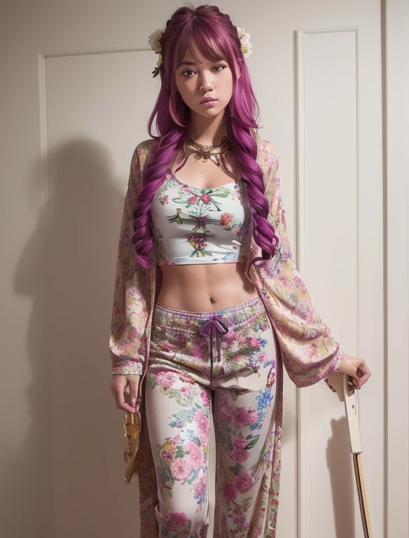 wide-shot, action, Epic Composition, photo of The most high (CthuluBishop:1) high resolution realistic incomplete highlighter colour sketches of a young woman (hippies style, long pants bell bottom, floral shirt), long and curly hair, standing near door, 4k hd, fidelity. full body shot. gibson guitar by side,