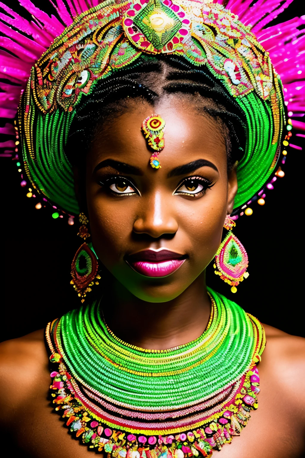 In the captivating close-up shot, a black woman is depicted as she stands still, her body adorned with intricately designed African marks that gleam under the neon lights. Droplets of water cascade down her face, highlighting the vivid colors of the markings. Her attire aligns with African culture, embellished with beads that add a mesmerizing shine. Her hair, styled in the traditional Amasunzu way, frames her face beautifully. The backdrop showcases an explosive display of neon-lit crystals, their green and pink hues adding an otherworldly allure to the scene. The highly-realistic facial images exhibit every detail of