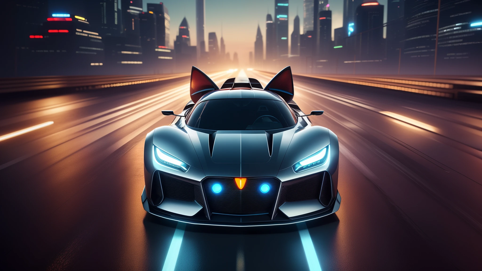 Close-up of a car with cat ears on the hood, Octane trends at cgsociety, Written by Alexander Kucharsky, by Tadeusz Pruszkówski, super car, octane number, futuristic product car shot, hyper real render, Futuristic concept car, Cute futuristic rides, render of futuristic super car, Futuristic cars, cyberpunk cat, Futuristic cars concept