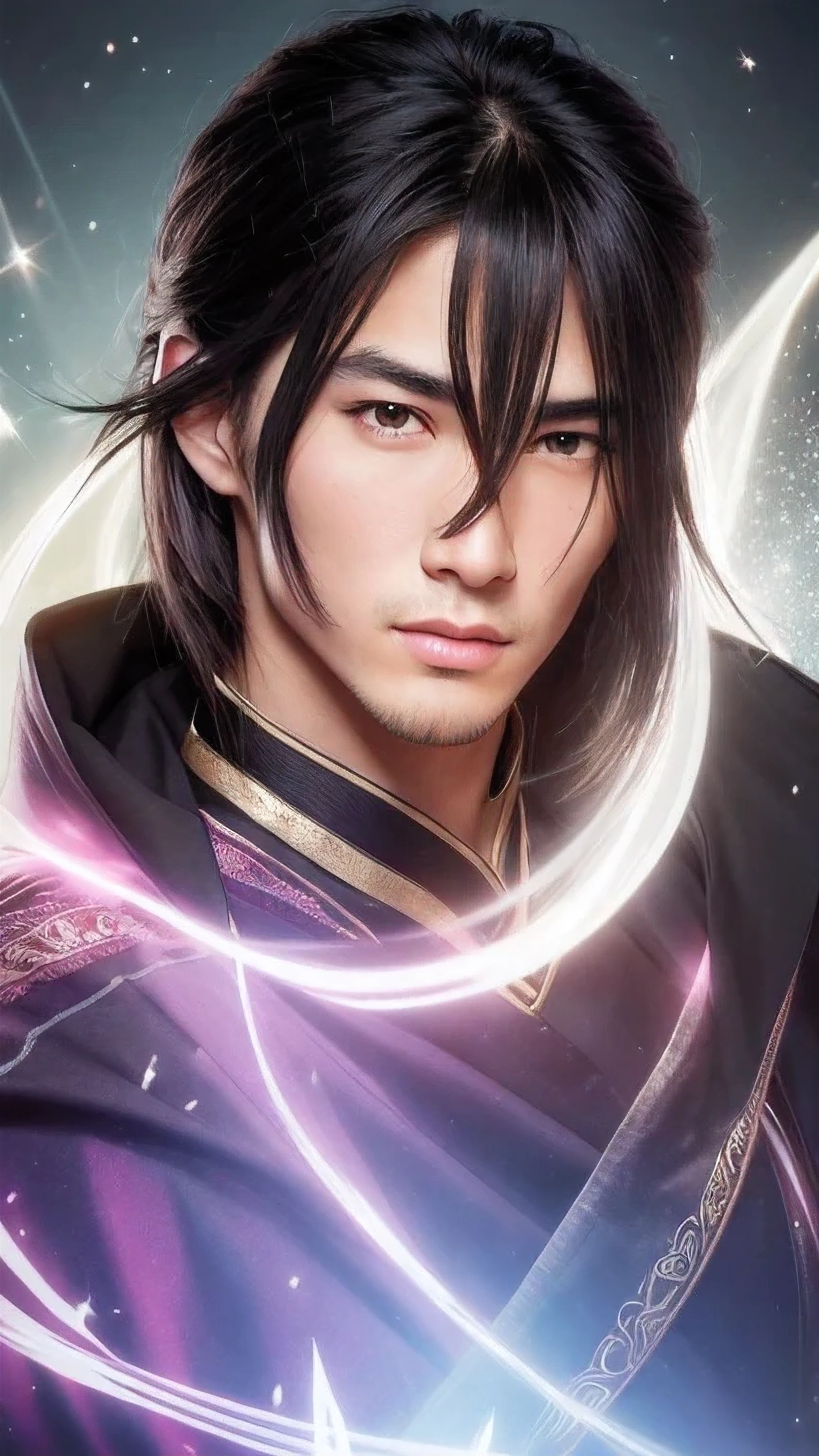 muste piece, best quality, High resolution, photoreaslistic, detailed face, 1 male, ((Front-facing)), ((front viewing)), ((frontal face)), ((face view)), ((front view)), ((body front)), ((frontal body)), upper body whole body, black hair, Handsome guy, shining background, 男性fortune teller, brightly colored robes, fortune tellerの服を着た, fortune teller, fortune teller, Handsome guy, ((face frontal))